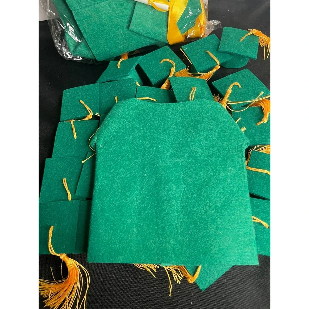 Graduation‎ Party Favor Felt Cap, Gown, & Diploma Supplies Green Gold 24pcs